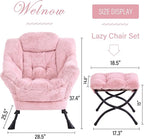 Welnow Lazy Chair with Ottoman, Modern Lounge Accent Chair with Armrests and a Side Pocket, Leisure Sofa Armchair Set, Reading Armchair with Footrest for Small Space, Plush Pink