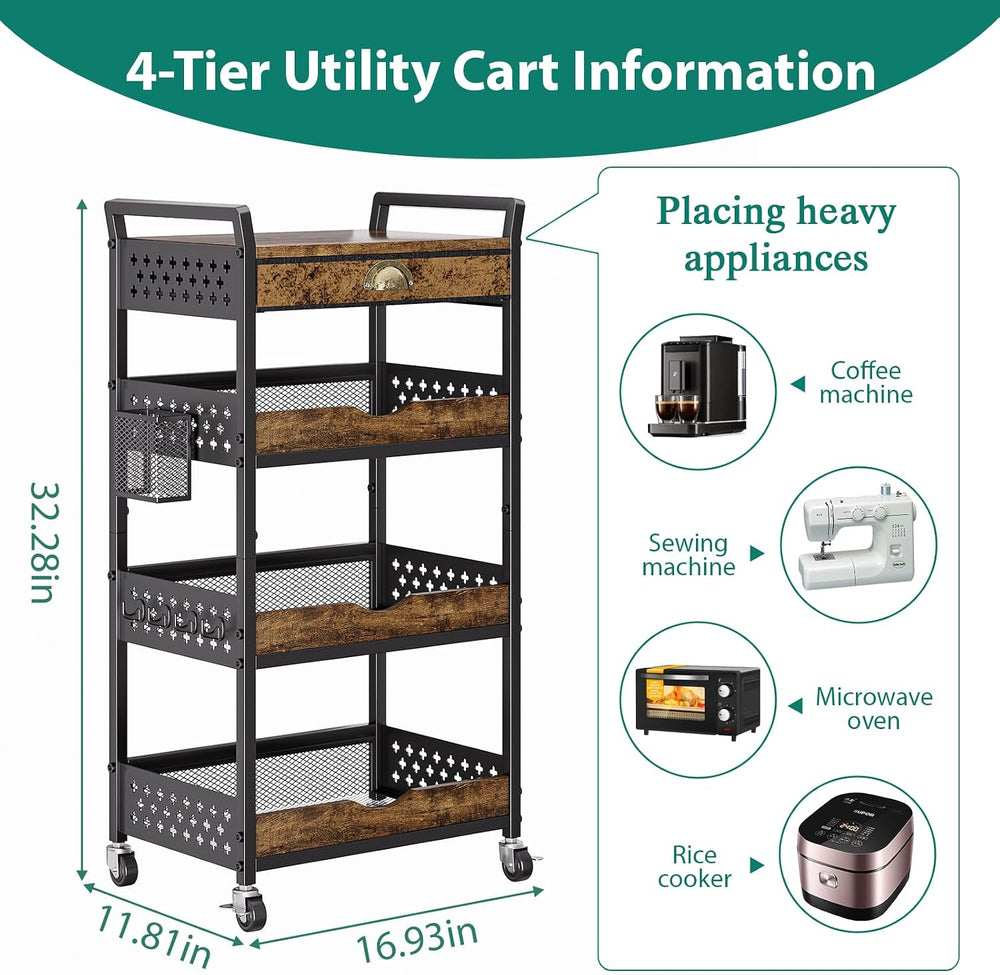 XYZLVSI Rolling Utility Cart, 4 Tier Coffee Cart Station with Drawer | Metal ...