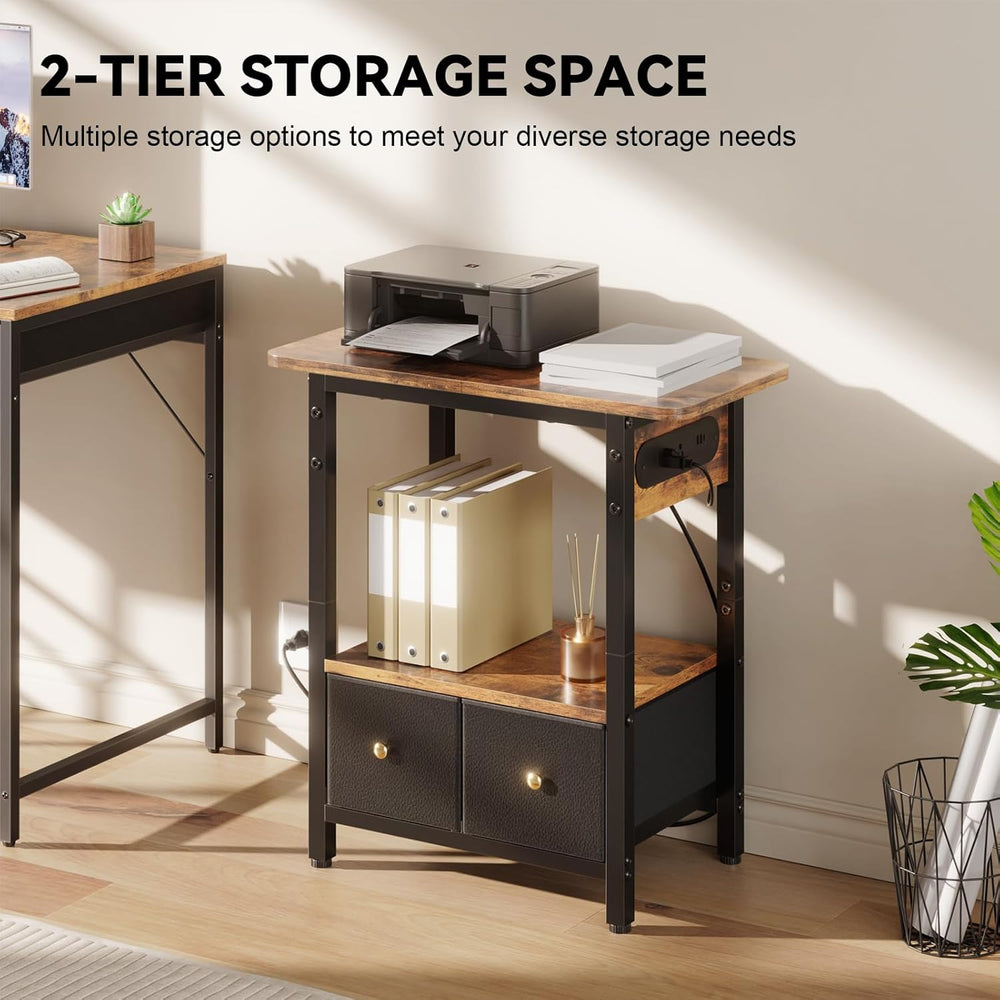HLDIRECT 24" W End Table with Charging Station & USB Ports (Rustic B...