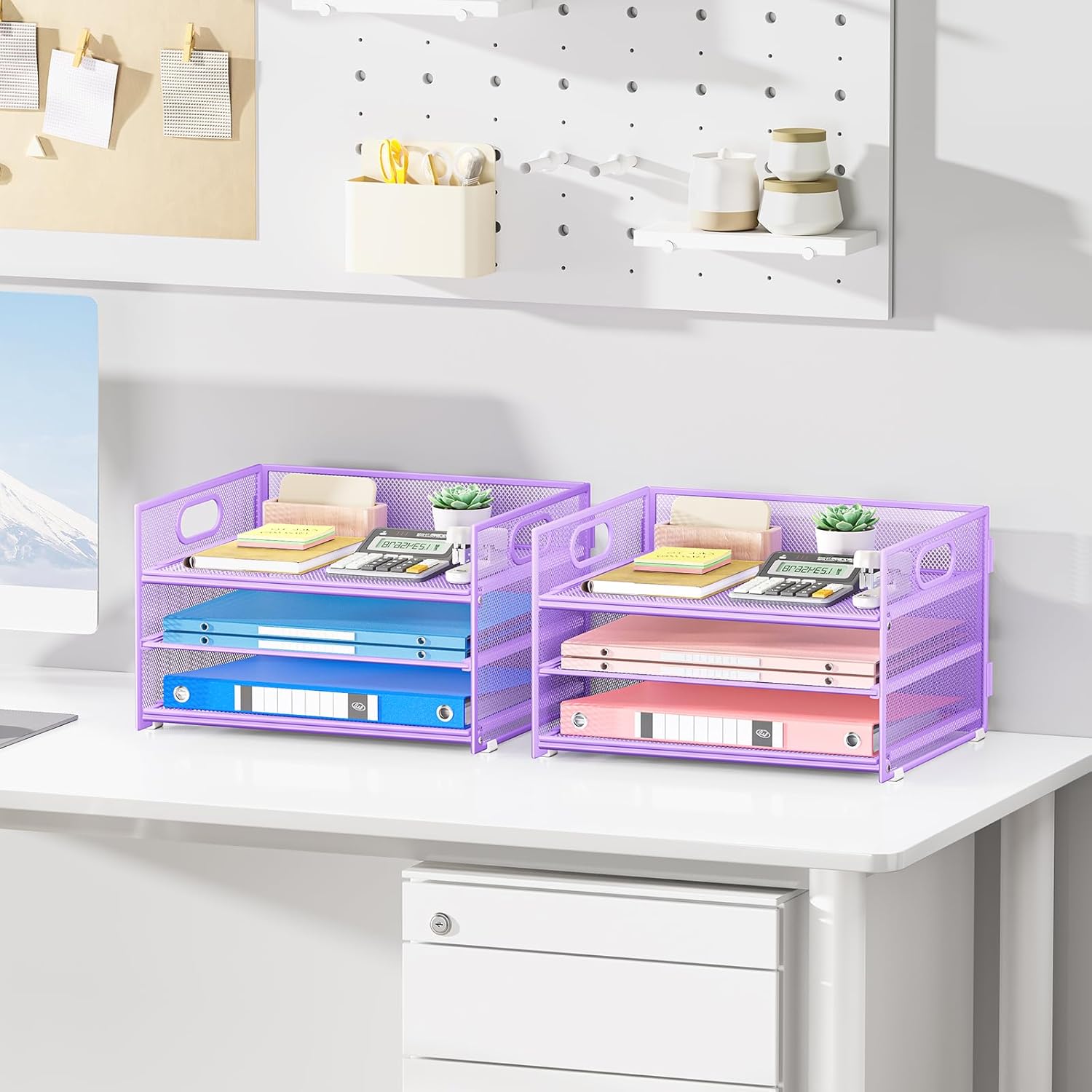 Subekyu 2-Pack 3-Tier Purple Metal Mesh Desk Paper Letter Tray & File Sorter Organizer with Handle + 1 Sliding Tray for Desk, Home, Office, School Supplies, A4 Paper and Accessories Storage