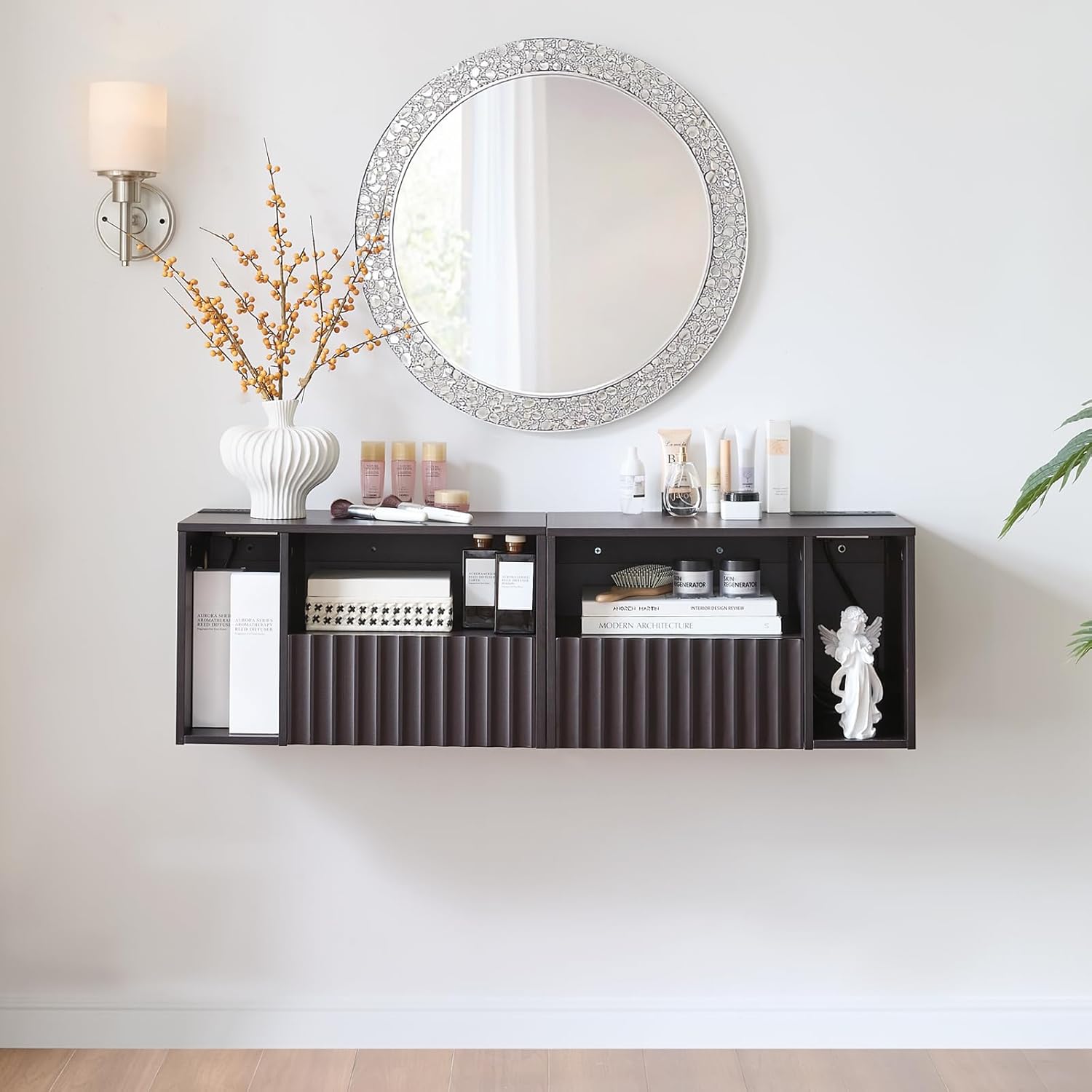 Modern Espresso Fluted Floating Nightstand with Charging Station, NightStand with Drawers, Bedside with USB Ports and Outlets, Bedroom Furniture (Set of 2)