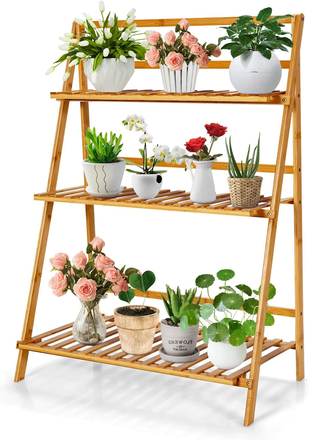 COSTWAY Bamboo Plant Stand, Foldable Multifunctional Flower Display Ladder Sh...