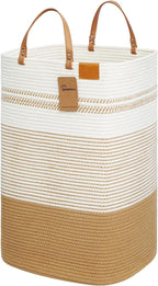 danpinera Large Laundry Hamper – 75L Tall Woven Cotton Storage Basket with Leather Handles, Slim Dirty Clothes Hamper, Decorative Storage Basket for Blanket,Toys White & Jute