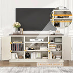 66" Farmhouse TV Stand with Power Outlets for 75 Inch TVs, 33" Tall Entertainment Center with Storage Cabinets w/Adjustable Shelves, Rustic Large TV Media Console, Rustic White