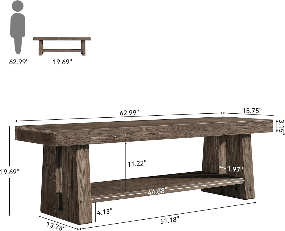 63'' Solid Wood Entryway Bench with Open Shelves, 2-Tier End of Bed B...