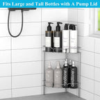 2 Tier Floor Standing Corner Shower Caddy Organizer Shelf with Hooks, Bathroom Shelves Stand Rack, Gray