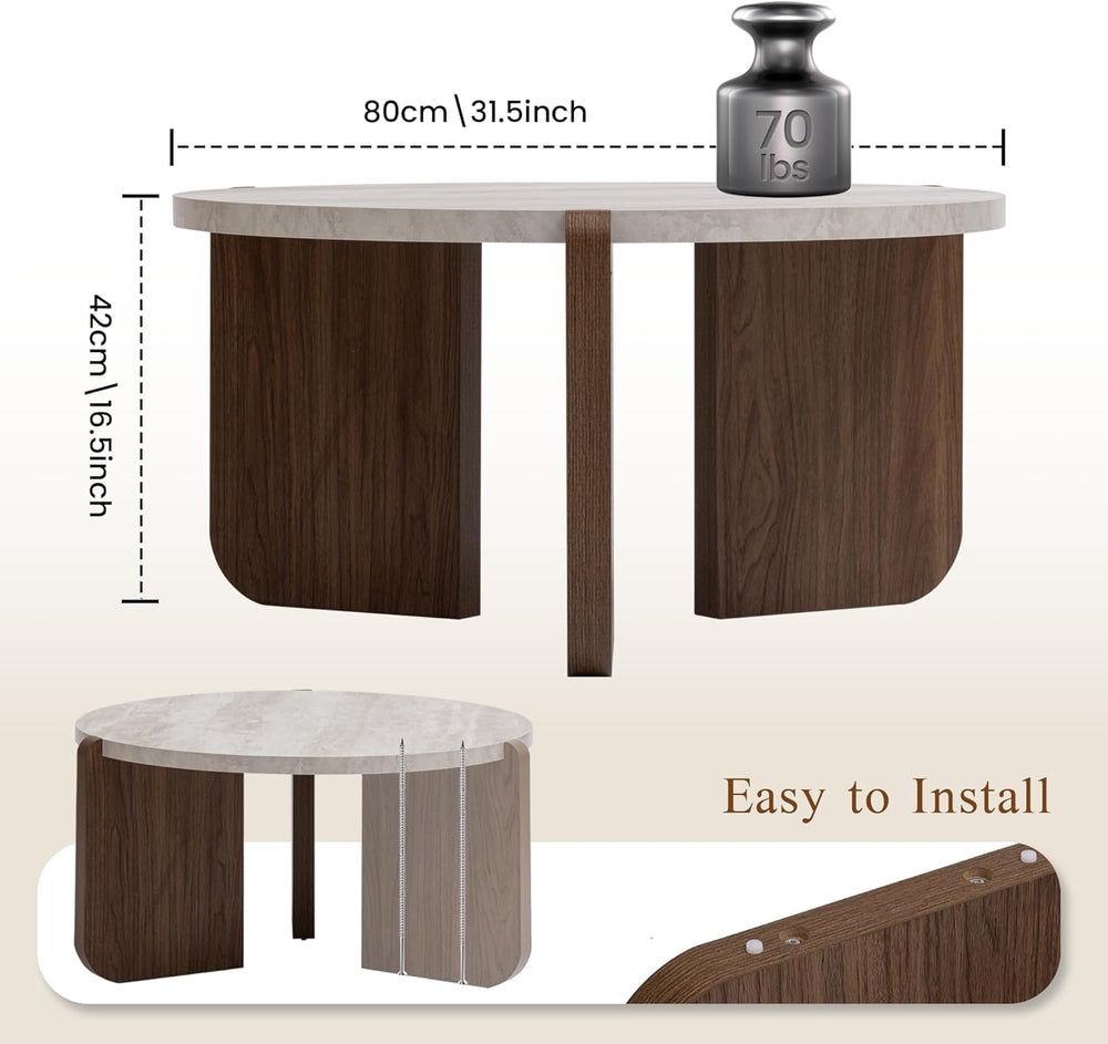 SUNBURY Modern Round Coffee Table with Sturdy Base, Wood Center Tables for Li...