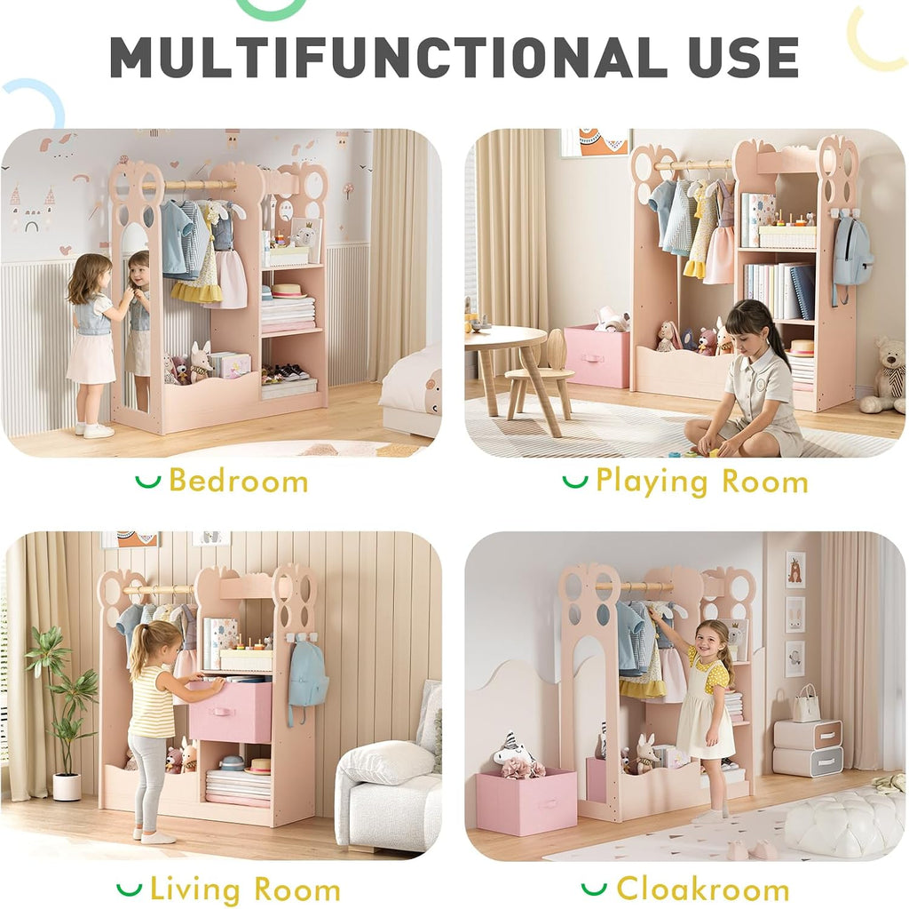 BlueWood Dress Up Storage Kids Wardrobe with Mirror, Toddler Costume Closet | Princess Closet with Hanging Rod, 3 Shelves & Storage Bins, Armoire Rack for Little Princess Girls Ages 3-7, Pink Butterfly