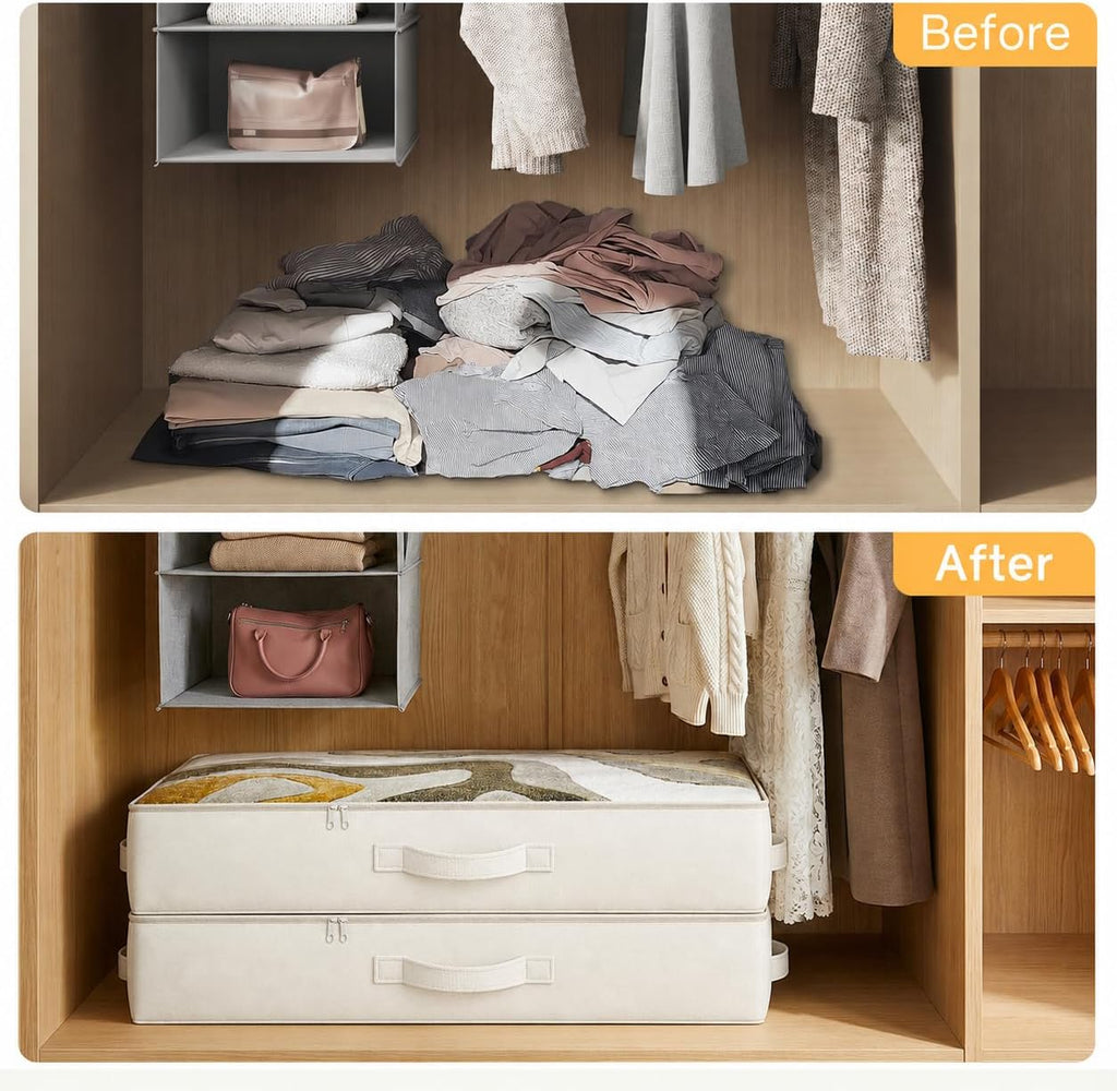 2-Pack Under Bed Storage Containers, 4.5 Inches Tall Clothes Storage, Beige | Low Profile Collapsible Underbed Organizer Bin with Sturdy Sidewalls/Bottom, Cotton-linen, For Seasonal Clothes & Bedding