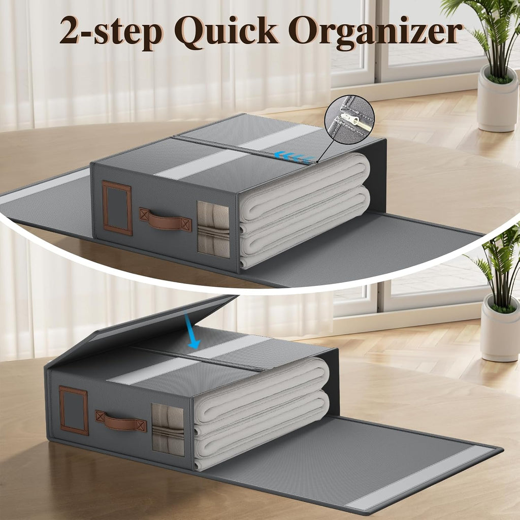 4 Pack Foldable Bed Sheets Set Organizers and Storage(King & Queen Size),Linen Fabric Closet Organizers with Window,Folding Bedding Storage Box for Bedsheets and Pillow Cube Organizer-Gray