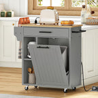 HOOBRO Kitchen Island with Trash Can Storage, Rolling Kitchen Island on Wheels, Mobile Island Cart with Power Outlet, Islands Table for 10 Gallon Garbage Bin, White and Grey GN80UZD01G1