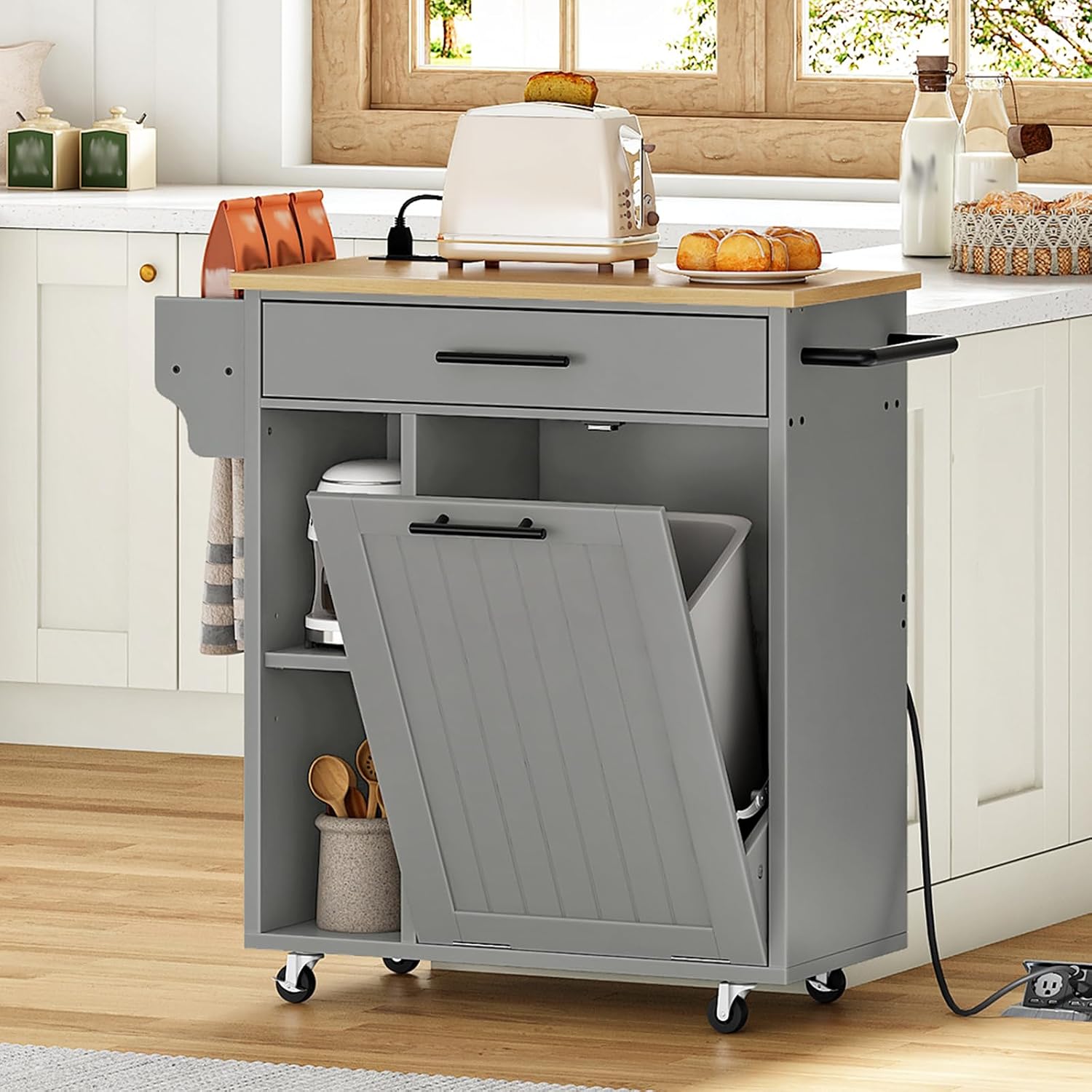 HOOBRO Kitchen Island with Trash Can Storage, Rolling Kitchen Island on Wheels, Mobile Island Cart with Power Outlet, Islands Table for 10 Gallon Garbage Bin, White and Grey GN80UZD01G1