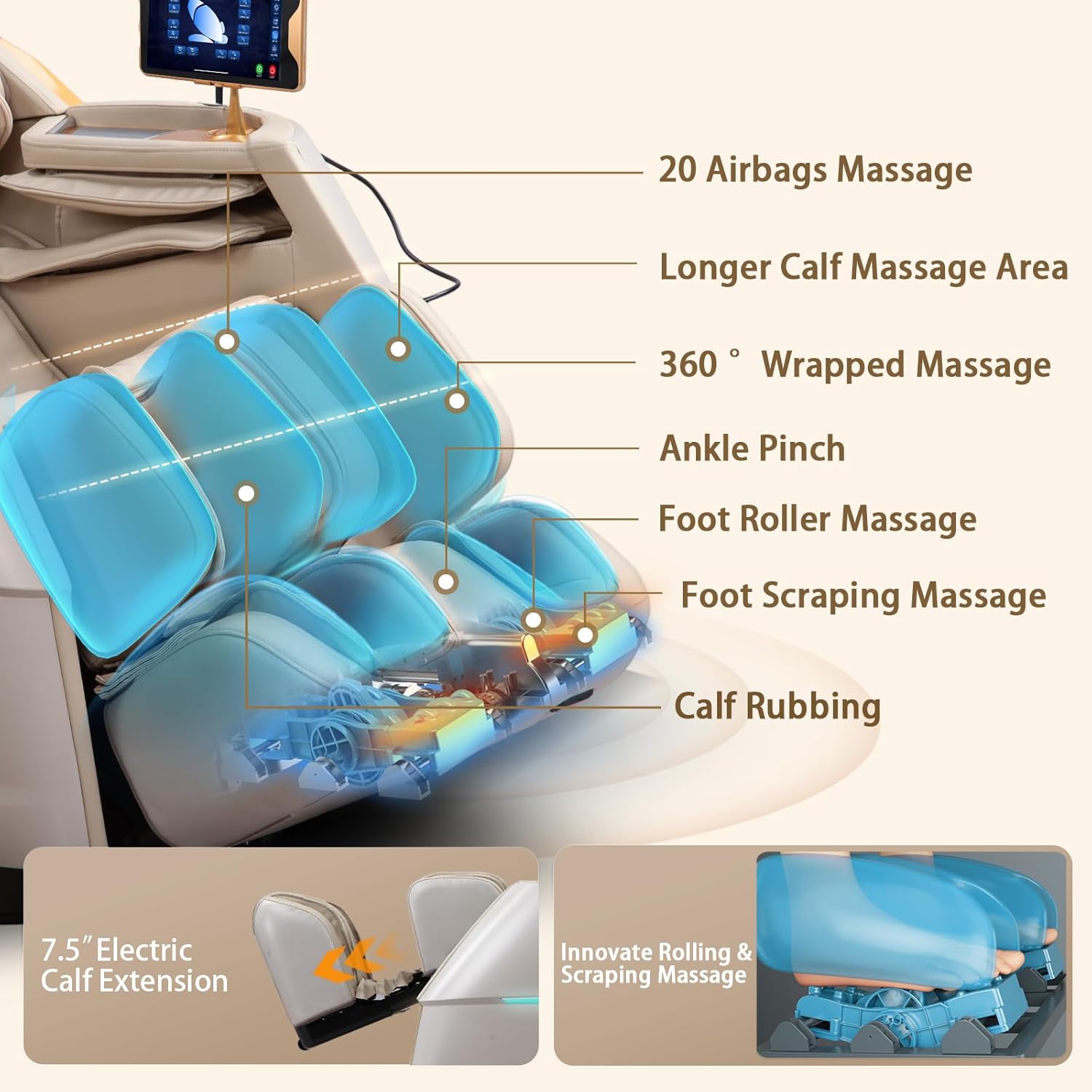4D Massage Chair Full Body Zero Gravity OverSize Recliner with Body Scan | 55“ SL-Track,20 Auto Modes,11 Technique,40 Airbags Massage,with Yoga Stretch,APP Control,Negative Oxygen lons(Beige)