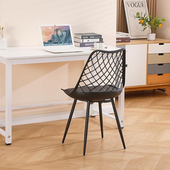 Set of 4 Modern Dining Chairs - Plastic Kitchen Shell Chairs with PU Leather Cushion Padded Seat - Mesh Design Side Chair for Indoor/Outdoor Dining Room Living Room Cafe Restaurant and Office -Black