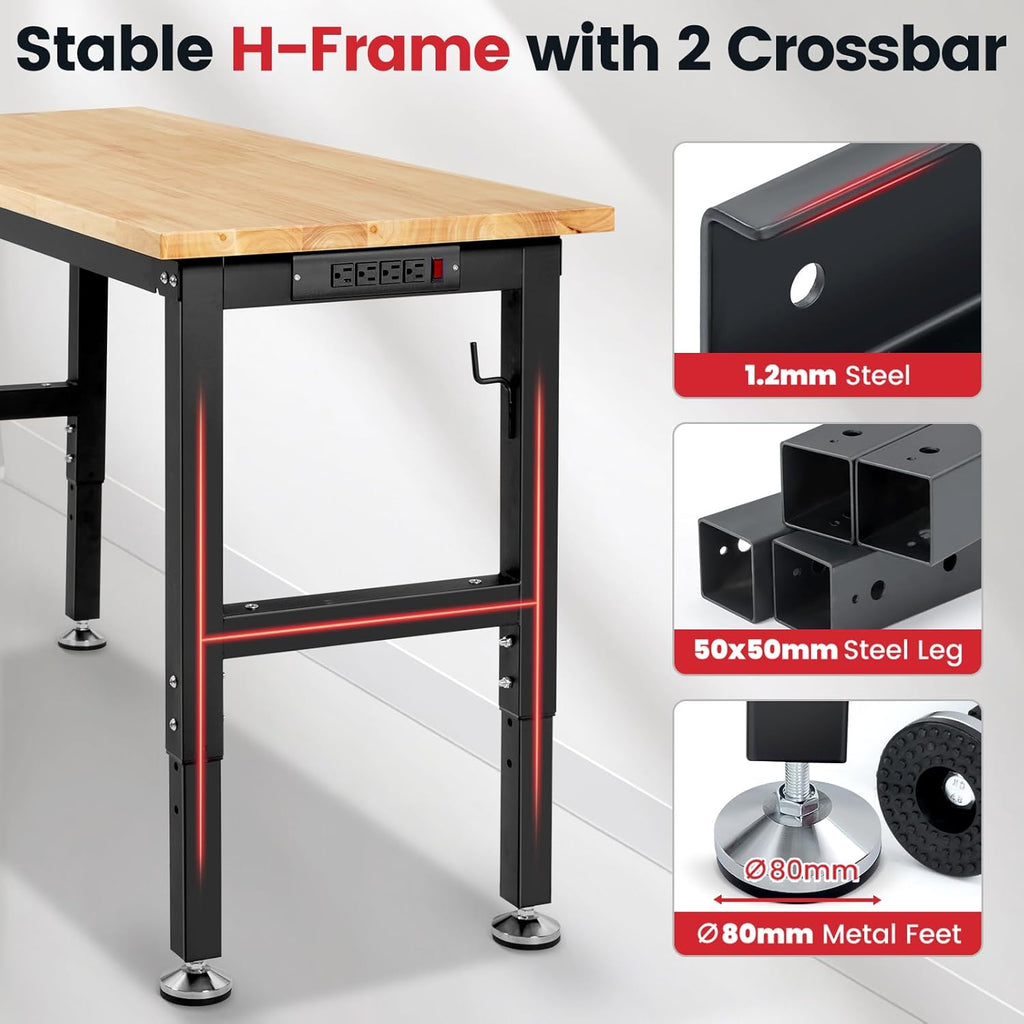 Workbench for Garage 48 Inch Work Bench Table Adjustable Height Rubberwood Tabletop Work Table with Power Outlets for Woodworking Shop Home Office Electronic Cutting Wood