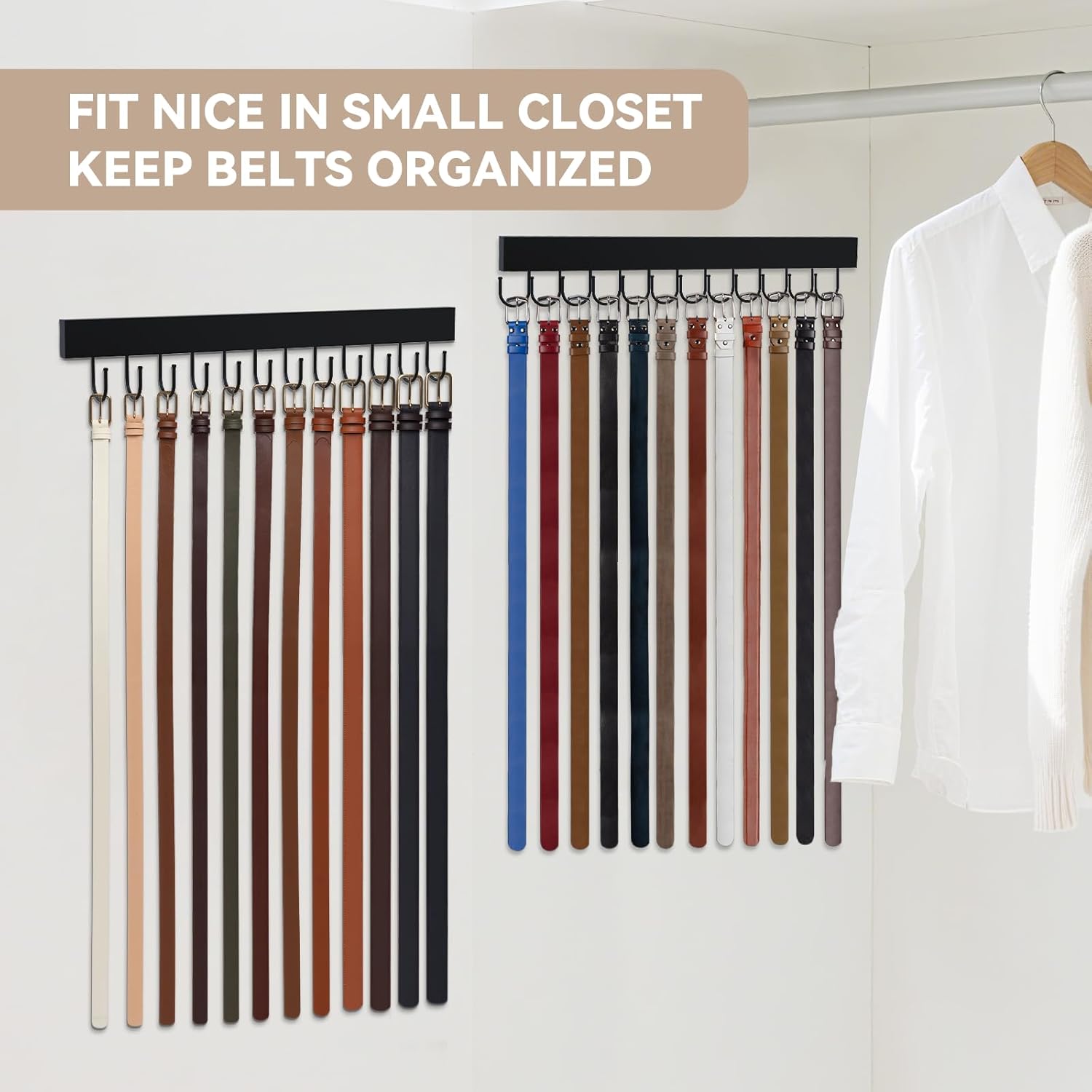 Belt Hanger Wall Mount, Wooden Closet Belt Organizer with 24 Metal Hooks, Large Capacity, Black, 2 Pcs