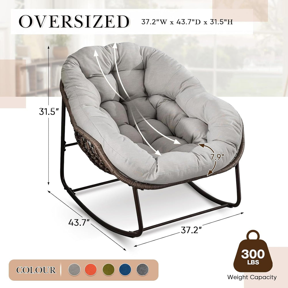 Large Indoor Outdoor Rocking Chair, Oversized Rocking Papasan Chair with Thic...