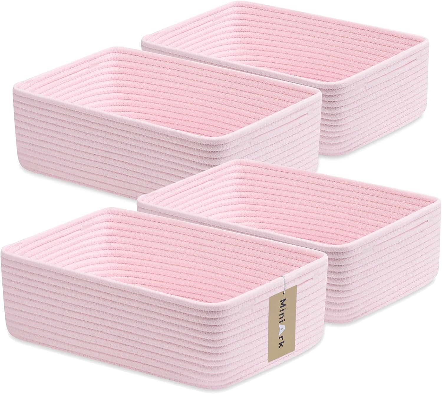 Large Shallow Organizing Baskets 15x11x5.1 Inches - Rope Woven Storage Bins for Bathroom, Shelves, Cube Closet, Light Pink 4 Packs