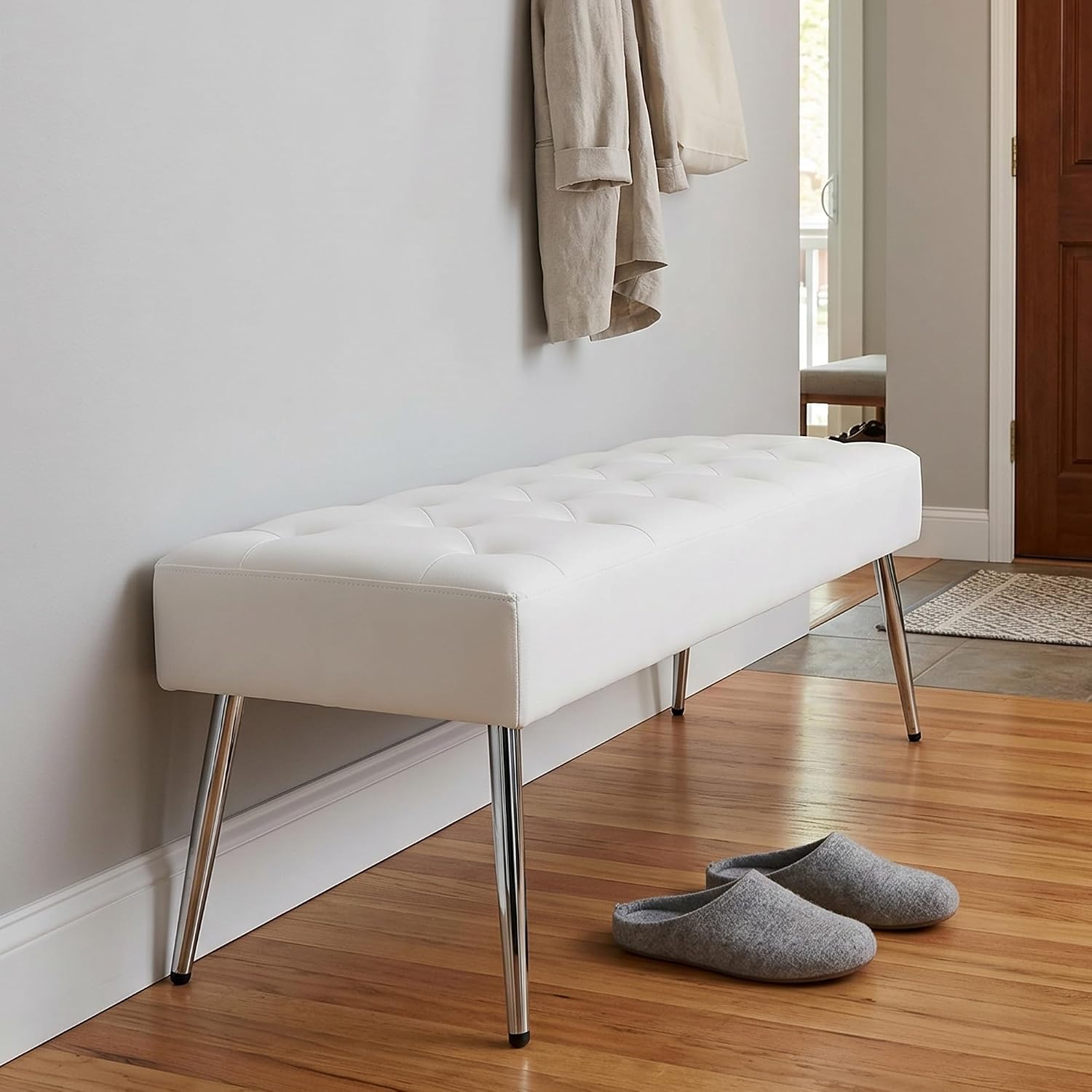 DUHOME Button-Tufted Ottoman Bench, Upholstered Footrest Stool Rectangular Dining Bench Leather Accent Bench for Entryway Dining Room Living Room Bedroom, White