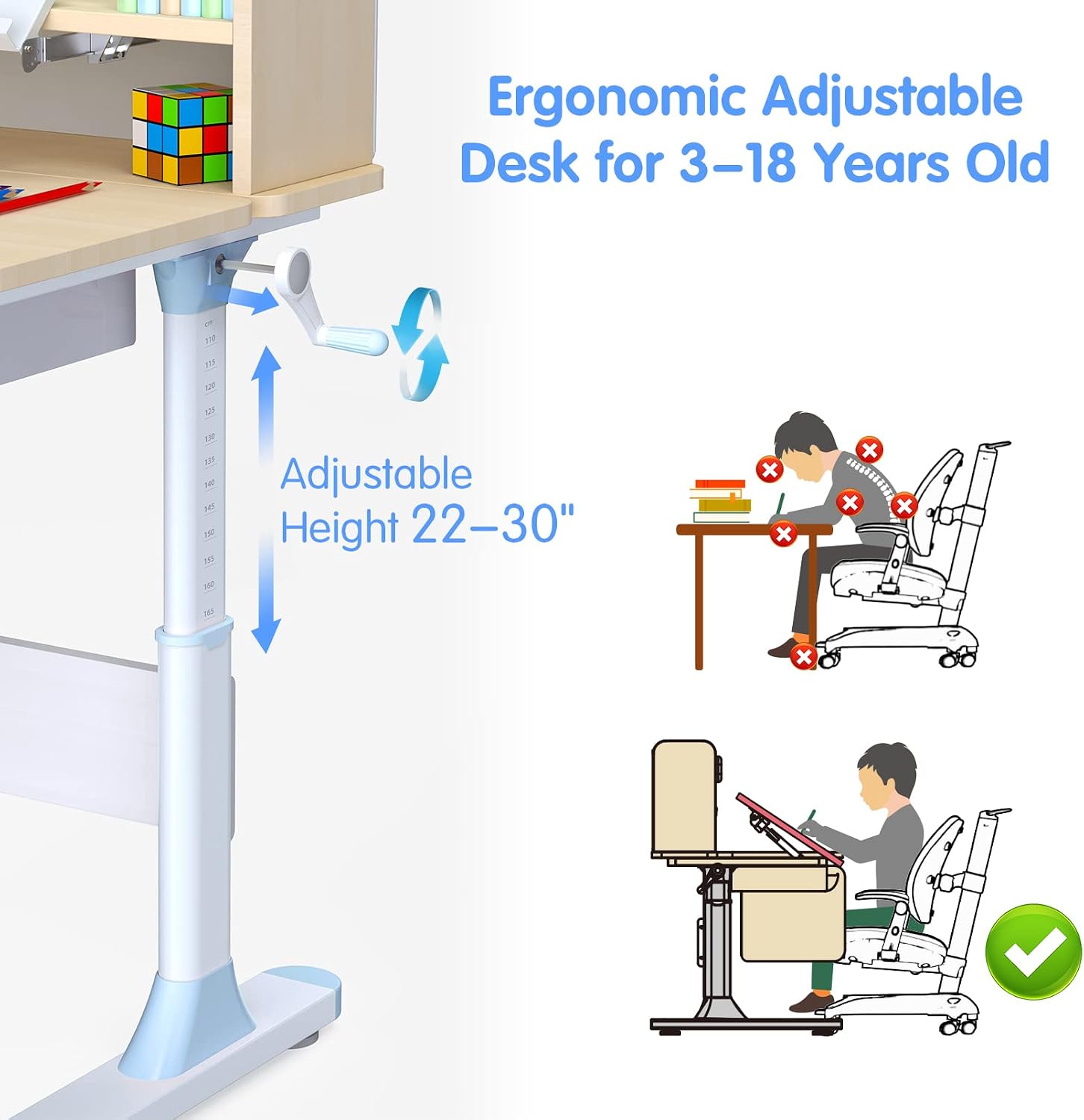 FCD Wood Adjustable Height Kids Study Desk with Chair Drafting Table Computer Station Built-in Bookshelf Hutch Multi Function (Blue, Desk and Chair)