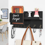 Decorative Key Hanging Rack with 8 Hooks – Easy Install Natural Wooden Key and Mail Holder for Wall Mount – Sunglasses Wallet Holder Entryway Decor with Shelf and Chalkboard (Coal Black)