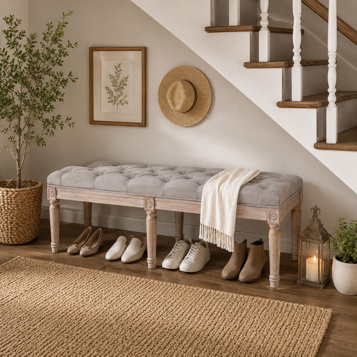 chairus Fabric Upholstered Dining Bench - Classic Entryway Ottoman Bench Bedroom Bench with Rustic Wood Legs - Gray