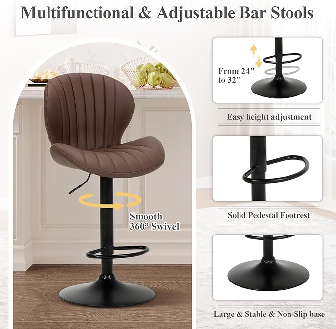 COLAMY Bar Stools Set of 2, Modern Swivel Bar Chairs, Adjustable Faux Leather...