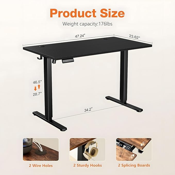 Standing Desk Adjustable Height, 48 x 24 in Electric Sit Stand up Desk for Home Office, Ergonomic Workstation Computer Desk with Two-Piece Desktop, Sit Stand Office Desk, Black