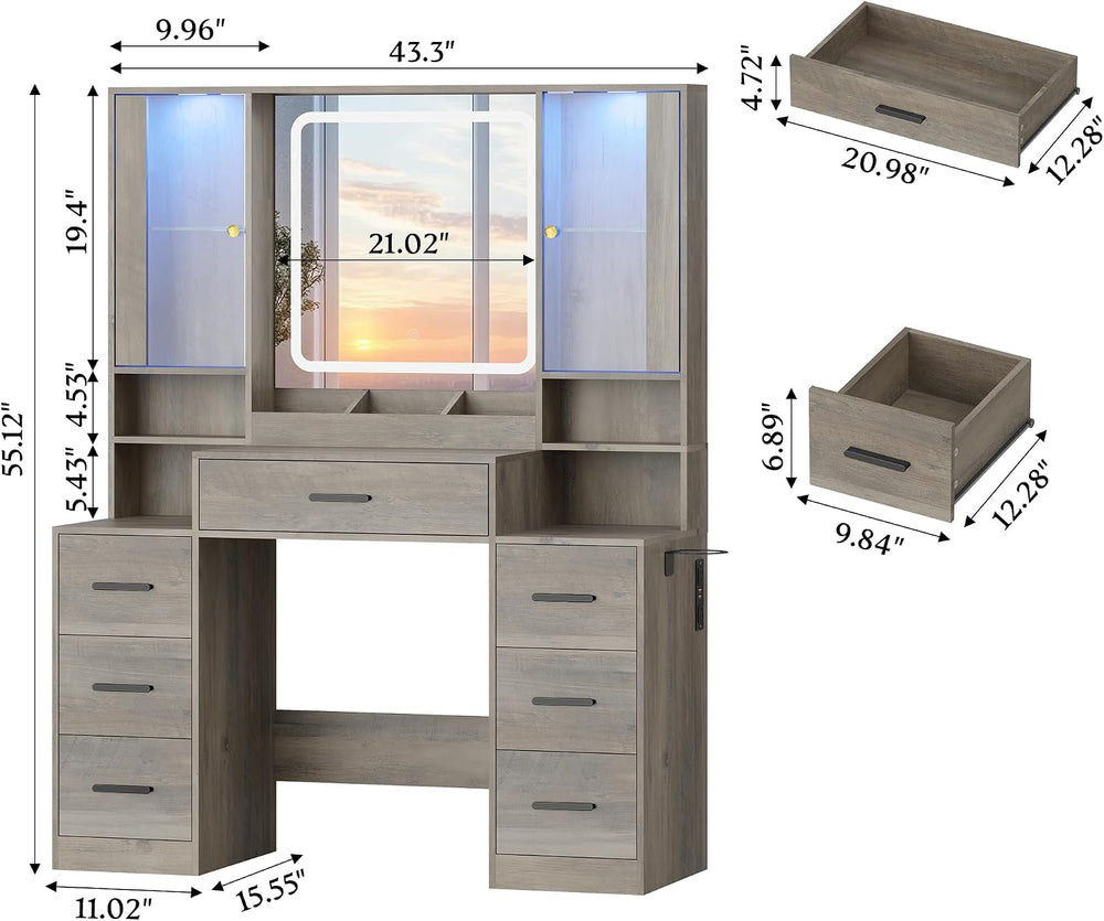 HUANLEGO Makeup Vanity Desk with Mirror and LED Lights for Girls, Grey | Farm...