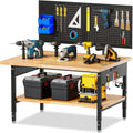 48“ Adjustable Height Workbench Work Bench for Garage Work Table with Under Table Shelf Heavy Duty Rubber Wood Top for Shop Woodworking, Office, Home, Commercial