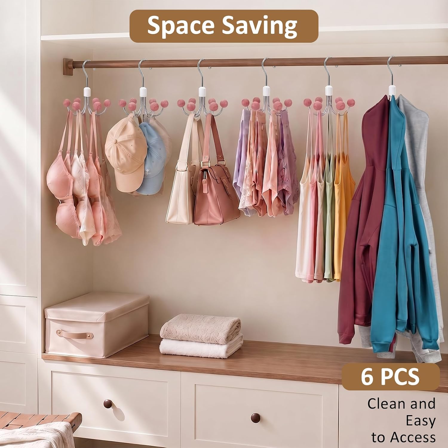 6-Pack 360° Swivel Hoodie & Purse Organizer with Cedar Balls, Multi-Purpose Closet Storage Hanger for Hoodies, Bags, Scarves, Hats, Space Saving, Anti-Slip, Ideal for Dorm, Apartment & Travel