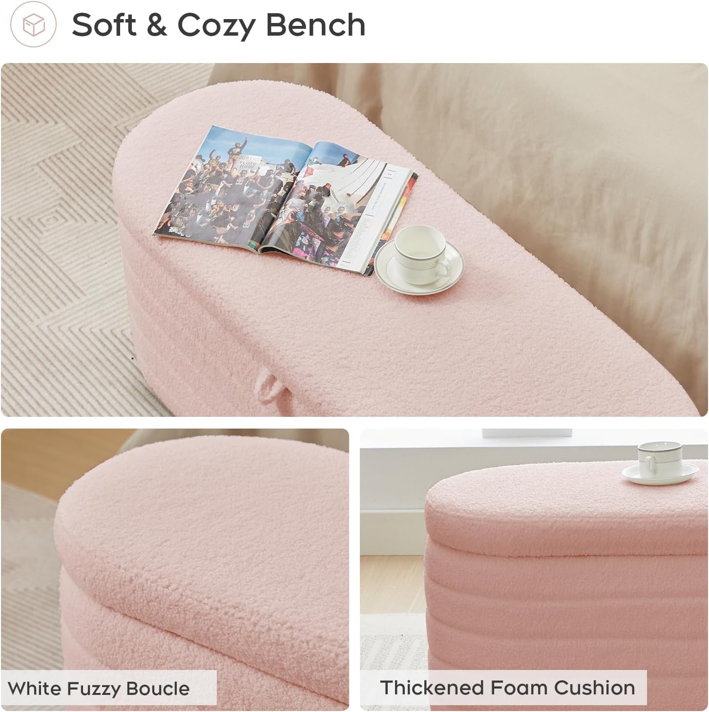 Storage Ottoman Bench End of Bed for Bedroom,45 inch Boucle Upholstered Entryway Shoe Seat Bench w/ Storage,Sherpa Modern Cute Padded Blanket Chest Stool Foot Rest for Living Room,Window Seating, Pink