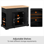 Yaheetech Kitchen Island on Hidden Wheels, Rolling Kitchen Cart with Thicker Rubberwood Top & 3 Drawers & Open Shelves, Storage Cabinet with Adjustable Shelves for Dining Room, 46″L × 22″W, Black | Mobile Kitchen Island with Storage on Wheels with