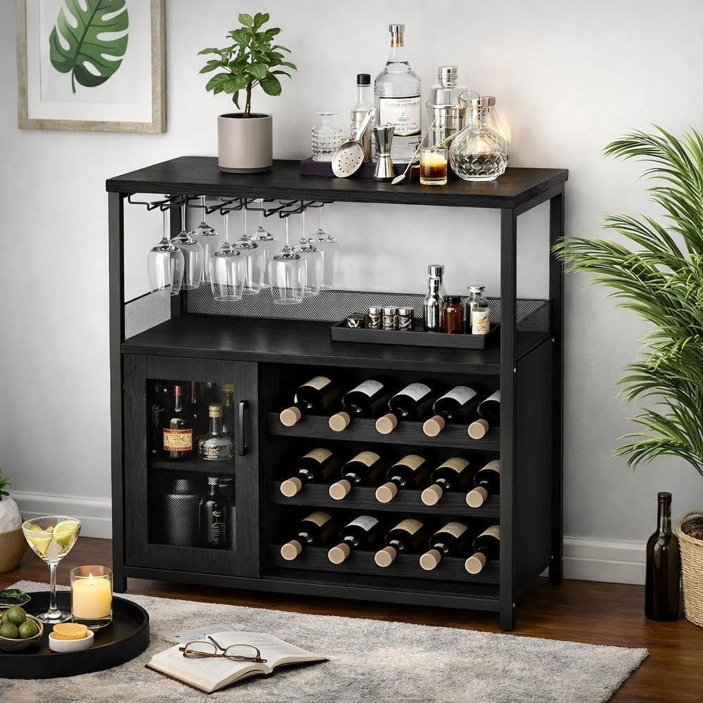 Wine Bar Cabinet with Wine Rack & Glass Holder, Wine Rack Table with Baff...
