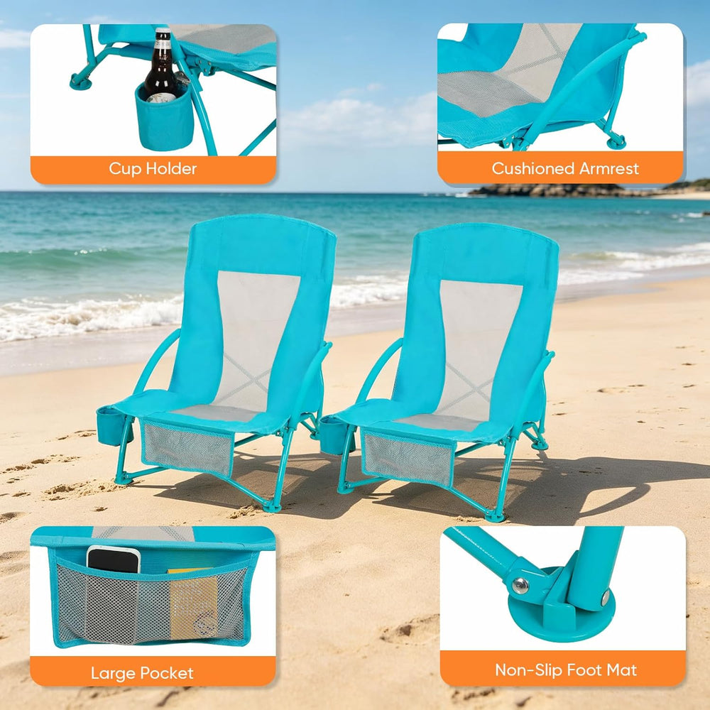 Folding Beach Chair Set of 3, Portable Camping Chairs with Table, Carrying Ba...