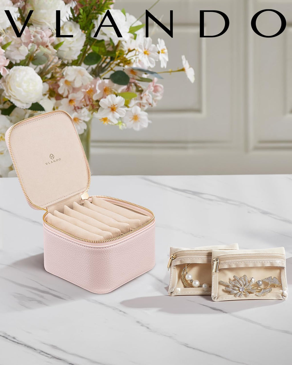 Vlando Gifts for Teachers,Jewelry Box with 6 Velvet Jewelry Bags Travel Jewelry Storage for Women Girl Jewelry Organizer Necklace Rings Earrings Bags Gifts for Women(Pink)