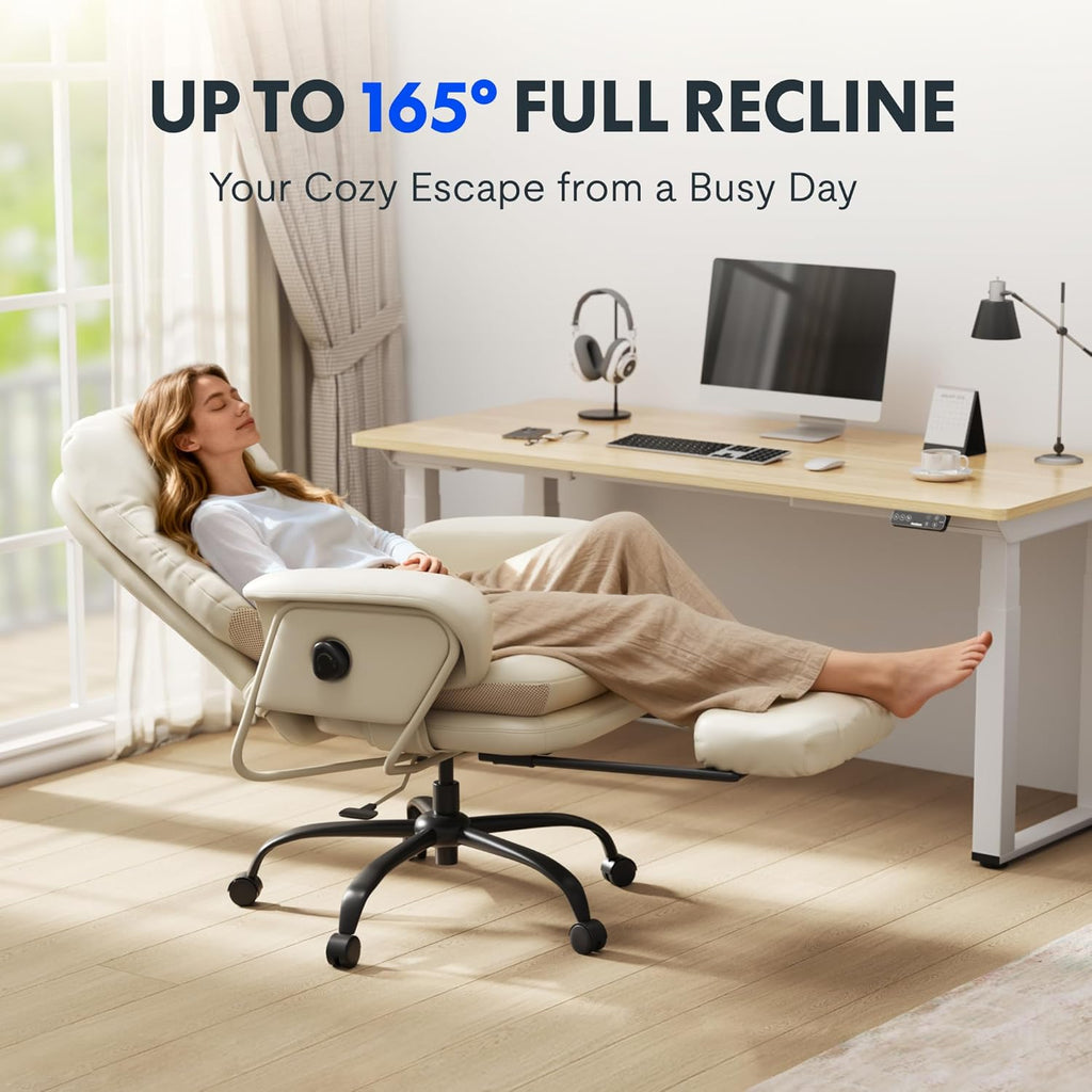 FLEXISPOT 2-in-1 Chaise Lounge Chair Indoor with Wheels Footrest 90-165° Reclining Lumbar Support, Home Office Chairs for Living Room Bedroom Study Working Relaxing, PU Leather, Beige White, HC4