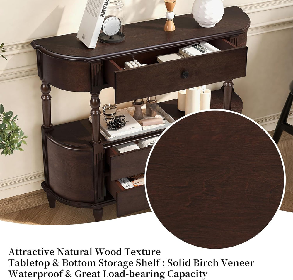 LKTART 43" Half Moon Console Table, Solid Wood Retro Curved Console Tabl...