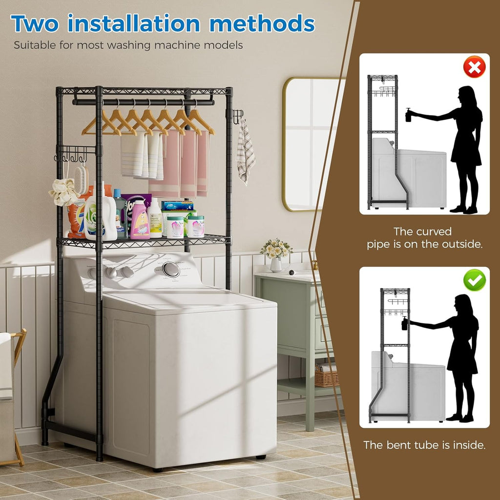 Golpart Over Washer and Dryer Shelves,2 Tier Adjustable Height Wire Shelving Laundry Room Storage Organization Clothes Drying Rack with Hanger Rod&Hooks,Space Saving Organizers Shelf,Black
