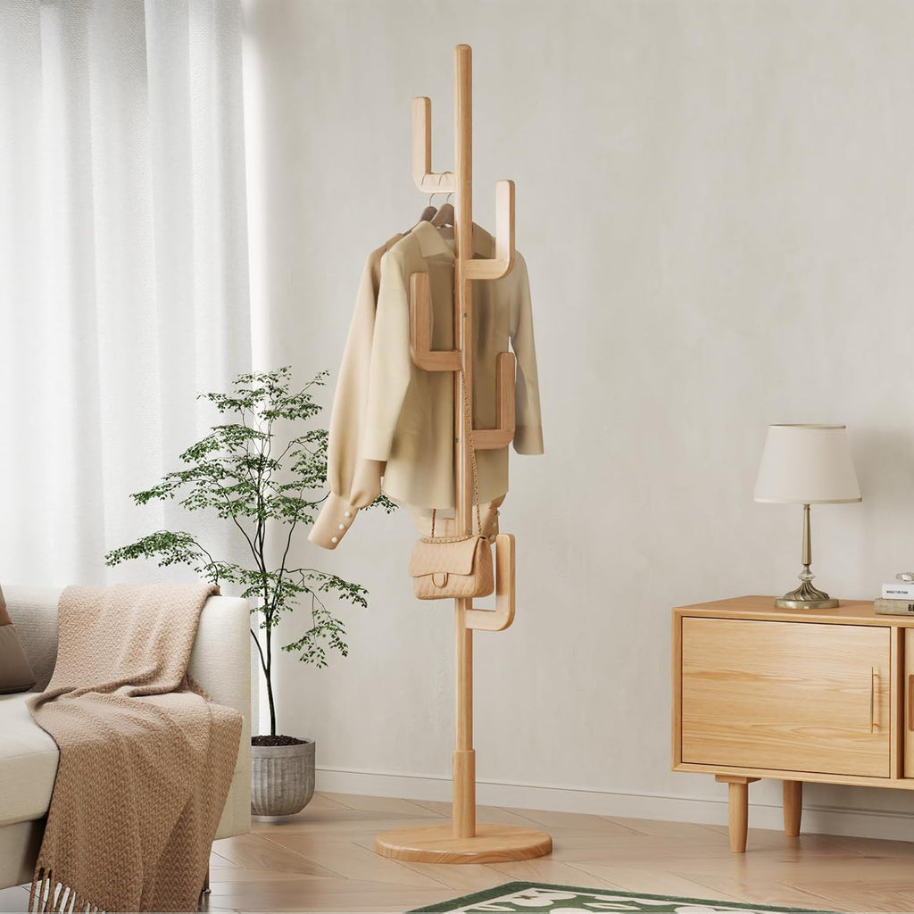 Muwuele Solid Wood Cactus Coat Rack, Freestanding Coat Rack With 6 L-Shaped Hooks and 3 Adjustable Sizes, Coat Tree for Bedroom, Entryway, Livingroom, Coat Hanger Stand for Coats, Handbags (Natural)