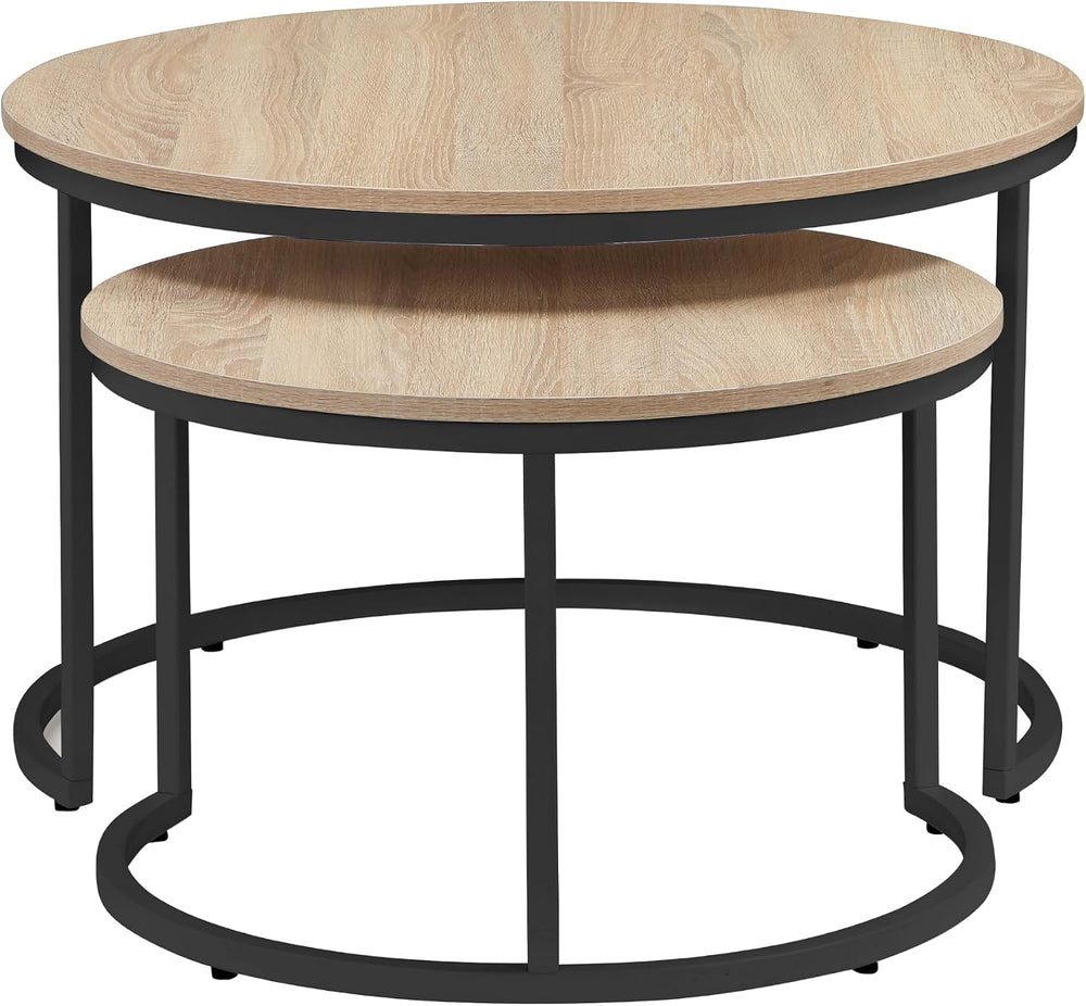 31.5 Inch Round Nesting Coffee Tables Set of 2, Oak‑Tone Stackable Side Table...