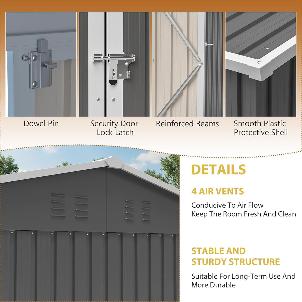 10X12 FT Outdoor Storage Shed Heavy-Duty Metal Sheds & Outdoor Storage with Floor Frame, Rustic Style Window and Lockable Doors Bright and Spacious Tool Sheds for Backyard Garden Patio Lawn, Gray