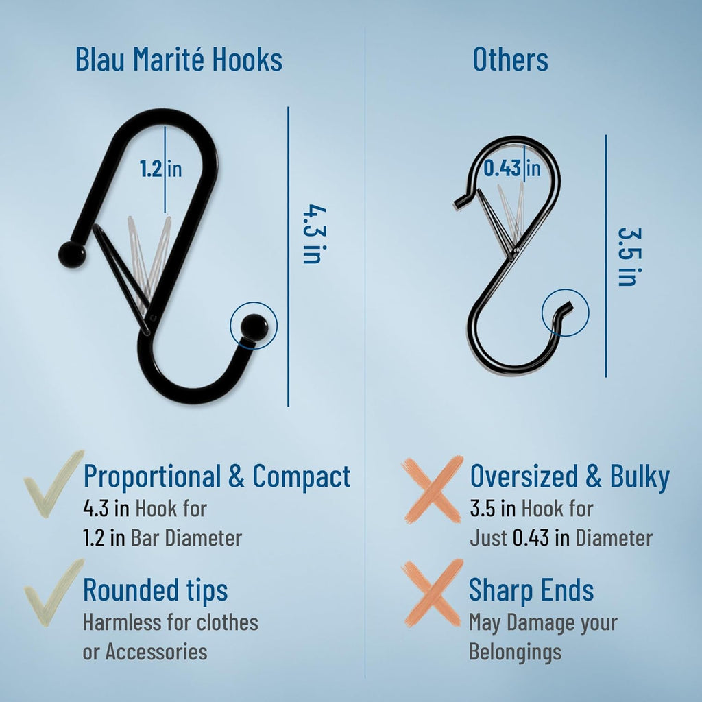 6-Pack Metal S Hooks for Hanging – Heavy-Duty S-Shaped Hook with Safety Buckle – Fits Bars up to 1.2 in – Anti-Drop S-Hooks for Closet, Wardrobes & Storage – Silver (Large)