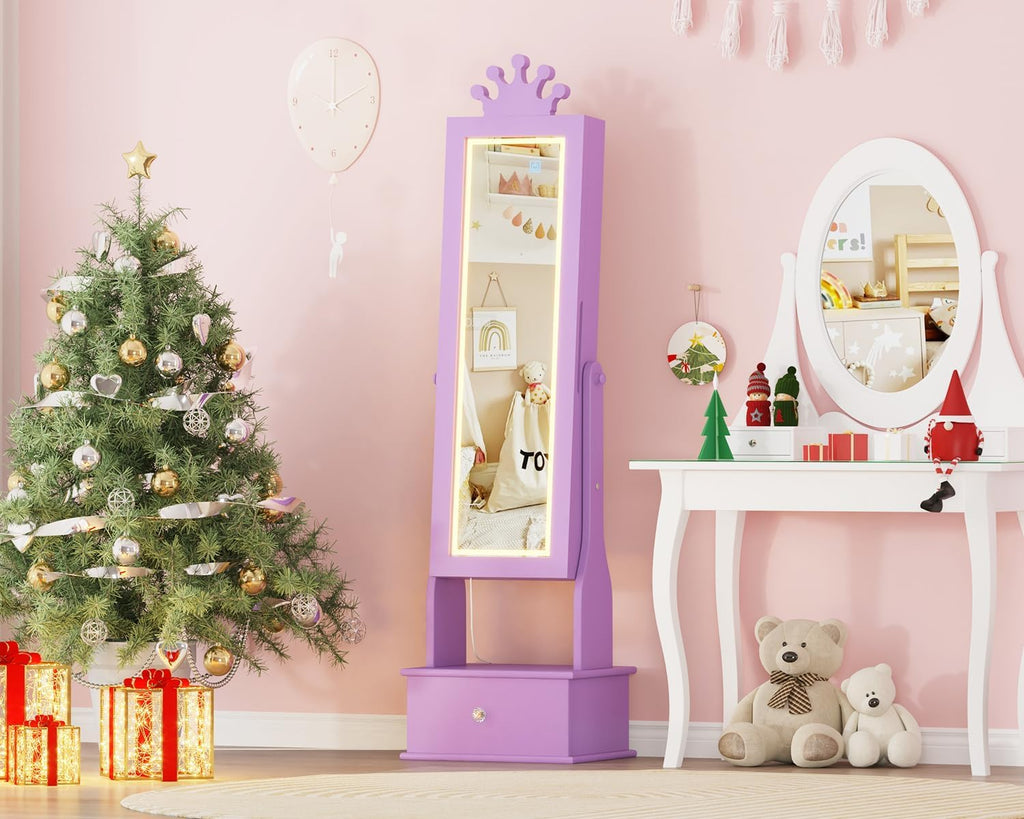 LED Kids Jewelry Armoire Cabinet with Full Length Mirror for Girls, Purple | 3 Color Touch Control Lighting,Anti-Tip Stable Structure,Lockable Cabinet, Freestanding Jewelry Organizer