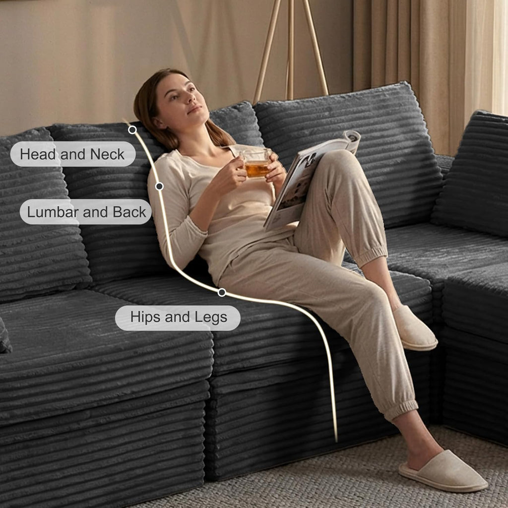 142'' Modular Sectional Sofa, Deep Seat Boneless Couch with Storage | Oversized High-Back for Living Room & RV | With Ottoman | High Density Foam & Corduroy | Tool-Free Assembly | Cozy Dark Gray