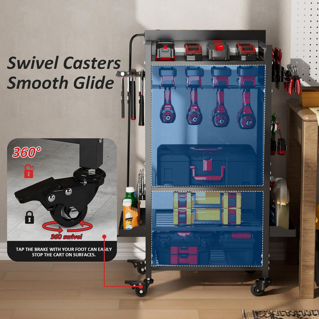 Power Tool Organizer Cart with 8 Charger Ports & Adjustable Storage, Garage Workshop Utility Cart for Mechanic, Birthday Gift Ideas for Men