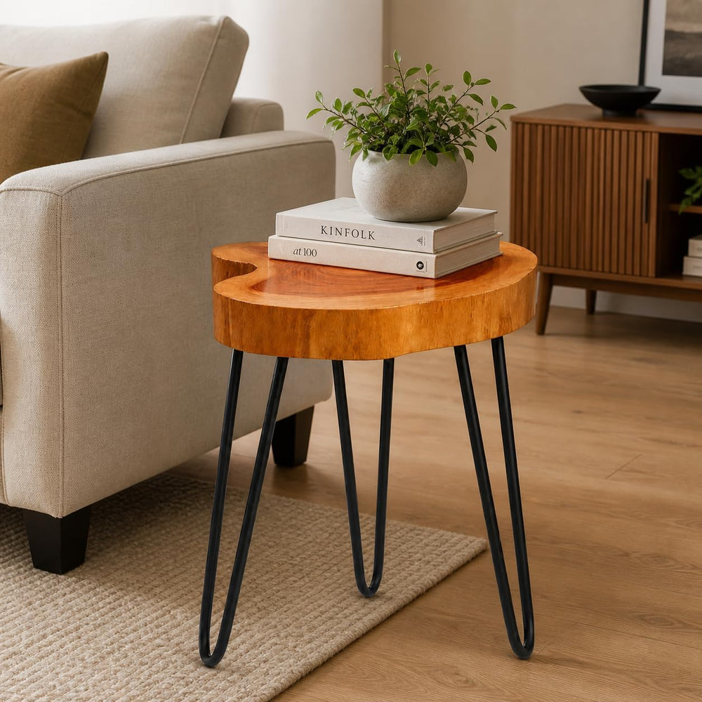 Live Edge Round Wood End Table – Solid Wood Side Table with Mid-Century Hairp...