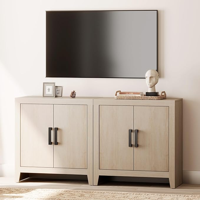 WAMPAT Farmhouse TV Stand for TVs up to 65 Inch, Rustic Wood Entertainment Center & Media Console with 4 Storage Doors, Accent Cabinet for Living Room, Hallway, Beige
