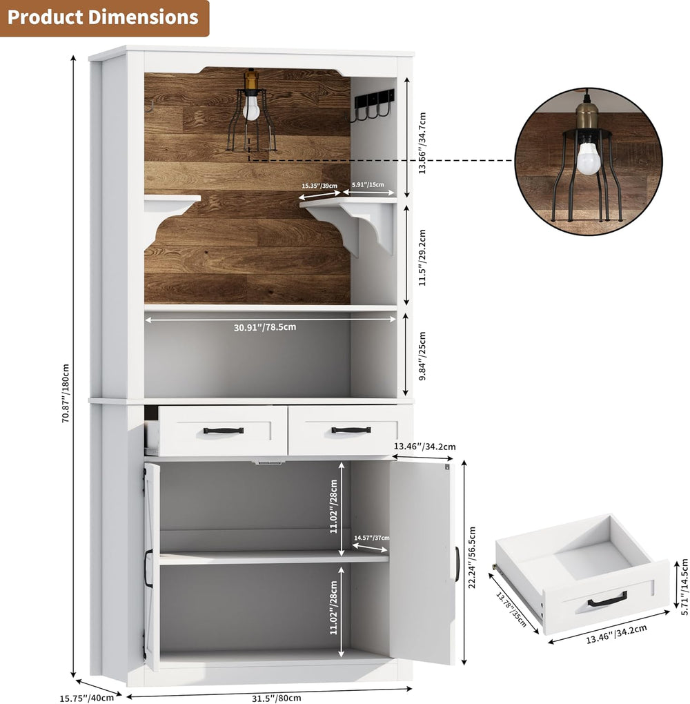 Farmhouse Coffee Bar Cabinet with Led Light - 70.8'' Tall Coffee Hutc...