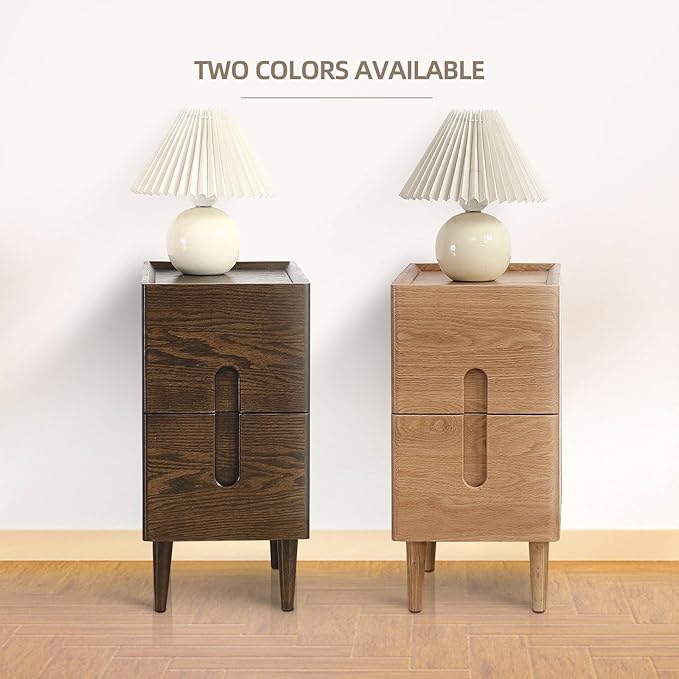 Solid Wood Bedside Table Nightstands, Slim Narrow Oak Real Wooden Mid-Century Modern End Table with Drawers Luxury Side Table Durable Cabinet Organizer Furniture, Walnut Color 9.84in Wide